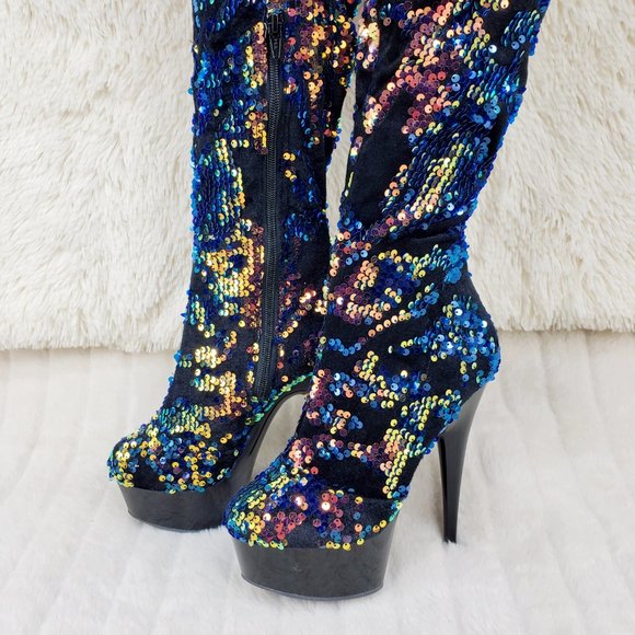 Blue Iridescent Sequin Thigh High 6" Heel Slouch Boots RESTOCKED 3004 - Picture 7 of 14